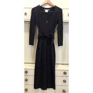 Finley Brand Long Sleeve Black Fitted Zip Front Tie Waist Midi Dress MSRP $425 S
